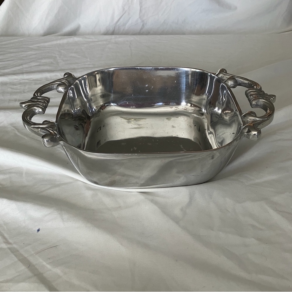 Vintage Polished Pewter Scroll-Handled Square Serving Dish.